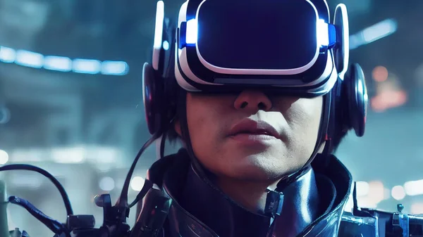 Man wearing 3d VR headset glasses looks up in cyberspace of metaverse. Virtual reality or Augmented reality world simulation. Digital computer entertainment. Okulus.