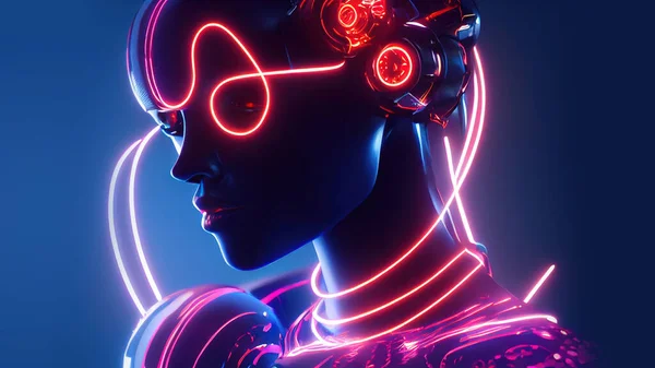 3d rendering. Stylish handsome cyborg, head in profile. Metal and glowing lines. Futuristic woman. Artificial intelligence.