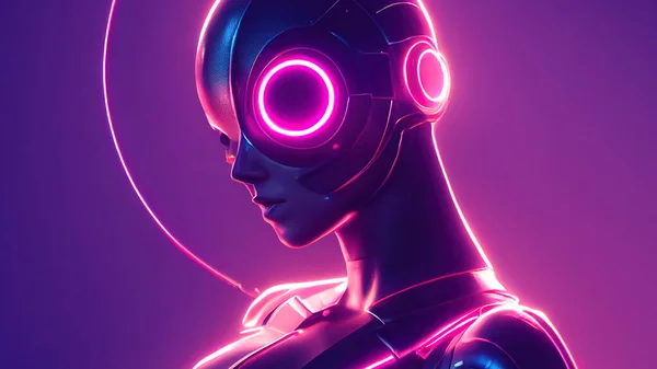 3d rendering. Stylish handsome cyborg, head in profile. Metal and glowing lines. Futuristic woman. Artificial intelligence.