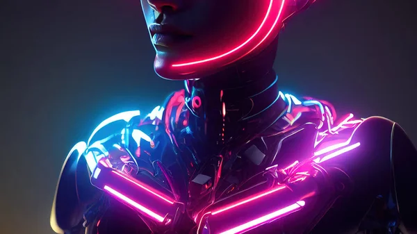 3d rendering. Stylish handsome cyborg, head in profile. Metal and glowing lines. Futuristic woman. Artificial intelligence.