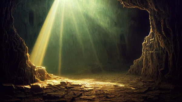 3 D render. Dramatic light in dark cave landscape, mysterious and surreal.