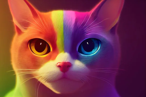 3 D render. Rainbow bright portrait of a cat in a cartoon style.