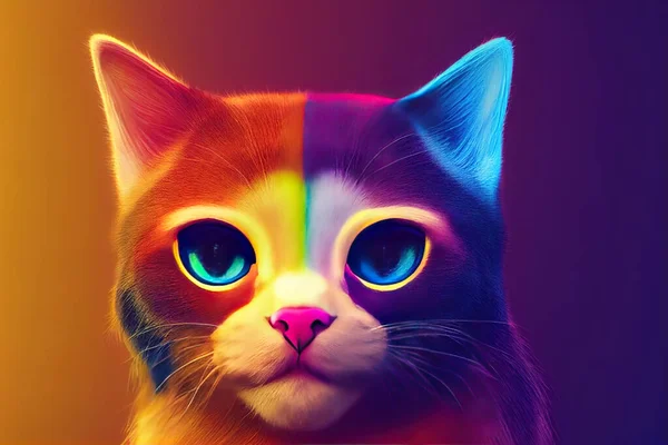 3 D render. Rainbow bright portrait of a cat in a cartoon style.