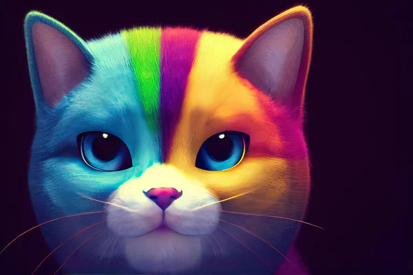 3 D render. Rainbow bright portrait of a cat in a cartoon style.
