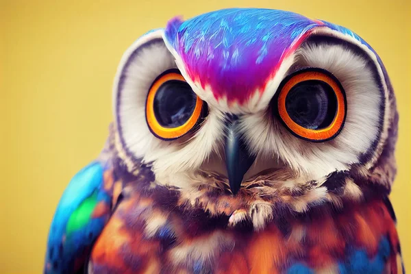 3 D render. Rainbow bright portrait of an owl in cartoon style