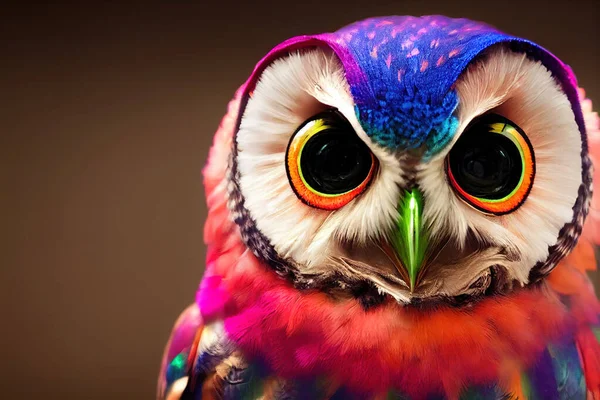 3 D render. Rainbow bright portrait of an owl in cartoon style