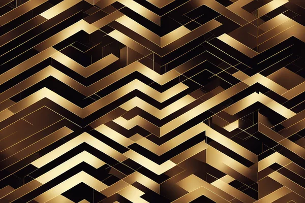 3 D render. Abstract geometric background, golden lines on a black background