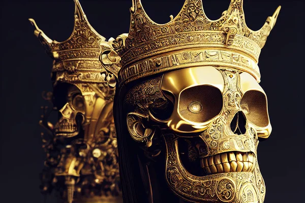 3 D render. A golden skeleton in golden clothes with a crown. Dead king.