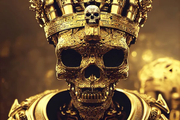 3 D render. A golden skeleton in golden clothes with a crown. Dead king.