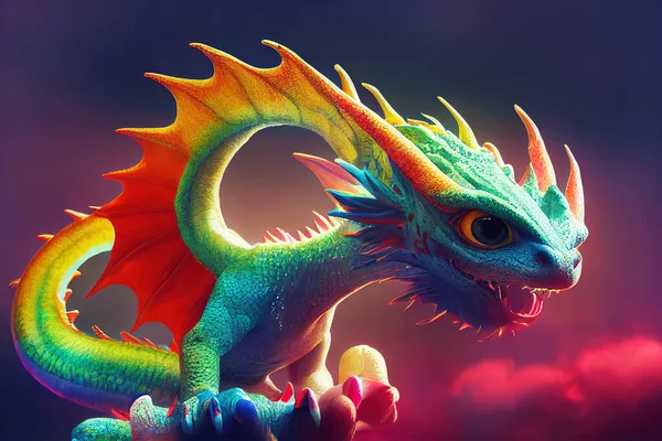 3 d render. Cute little dragons, different rainbow colors. Fantastic animals, in a cartoon style.