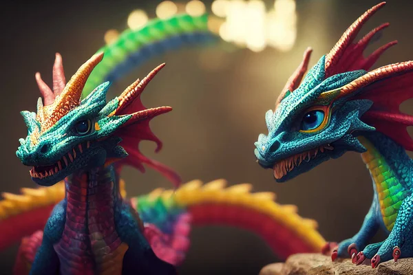 3 d render. Cute little dragons, different rainbow colors. Fantastic animals, in a cartoon style.