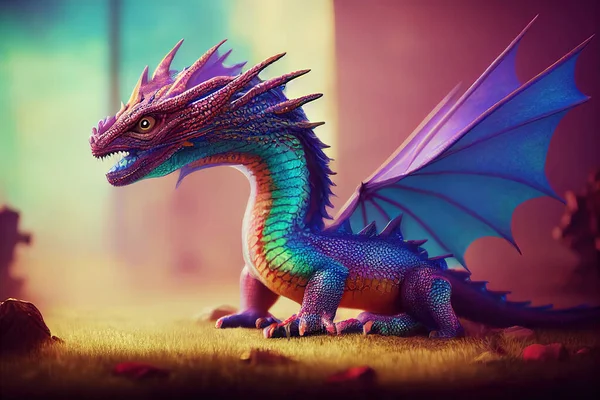 3 d render. Cute little dragons, different rainbow colors. Fantastic animals, in a cartoon style.