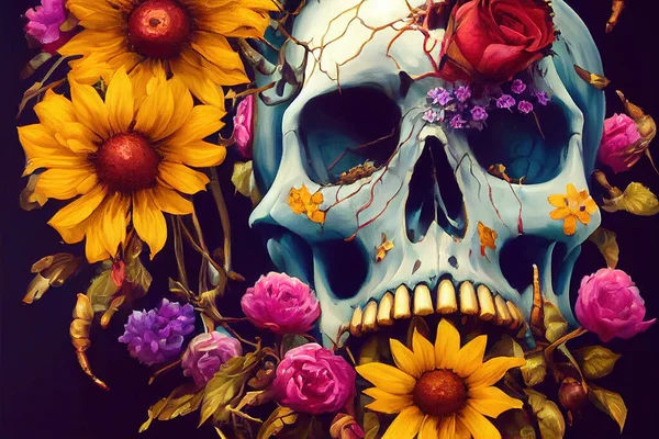 Calavera, Mexican sugar skull makeup and flowers for dia de los Muertos (Day of the Dead). 3 d render.