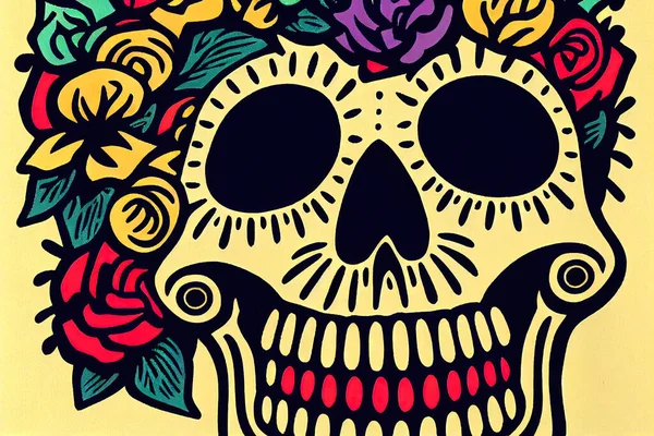 Calavera, Mexican sugar skull makeup and flowers for dia de los Muertos (Day of the Dead).
