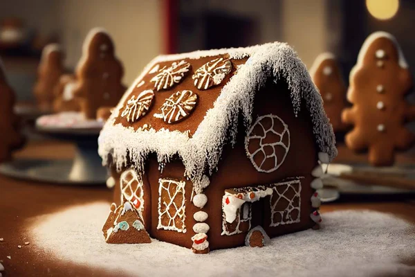 Gingerbread house decorated with glaze. Holiday decorations. The theme of winter holidays, Christmas and New Year decoration. 3 D render.