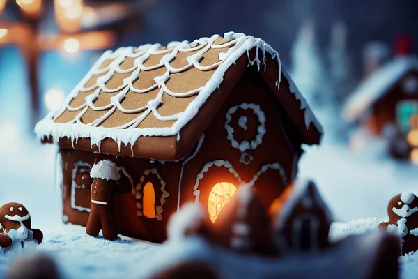 Gingerbread house decorated with glaze. Holiday decorations. The theme of winter holidays, Christmas and New Year decoration. 3 D render.