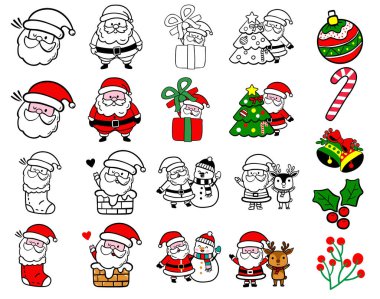 Noel ve yeni yıl için Noel Baba. Farklı duygulara ve durumlara sahip komik Noel Baba çizgi filmi.