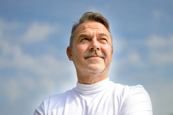 Low Angle View Portrait Athletic Middle Aged Man Looking While — Stock Photo, Image
