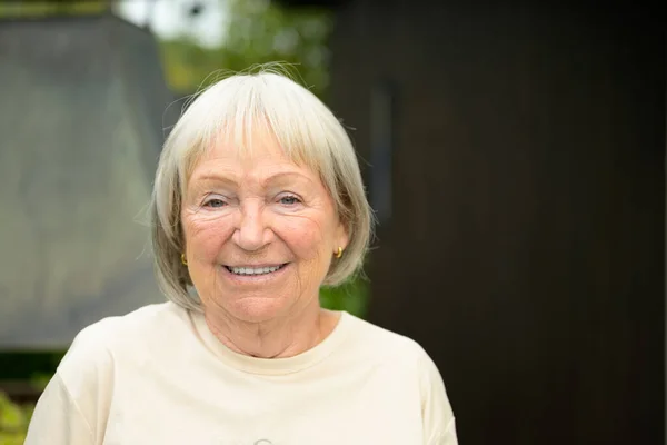 Gelukkig Aantrekkelijke Blauw Ogige Senior Vrouw Grootmoeder Glimlachend Naar Camera — Stockfoto