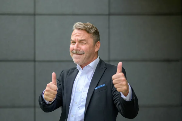 Retrato Homem Negócios Elegante Bem Sucedido Mostrando Polegares Duplos Como — Fotografia de Stock