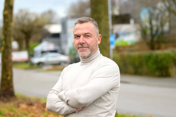 Portrait Serious Confident Middle Aged Man Enigmatic Expression Standing Quiet — Fotografia de Stock