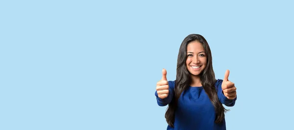 Elated Successful Young Woman Giving Double Thumbs Beaming Smile Blue — Stockfoto