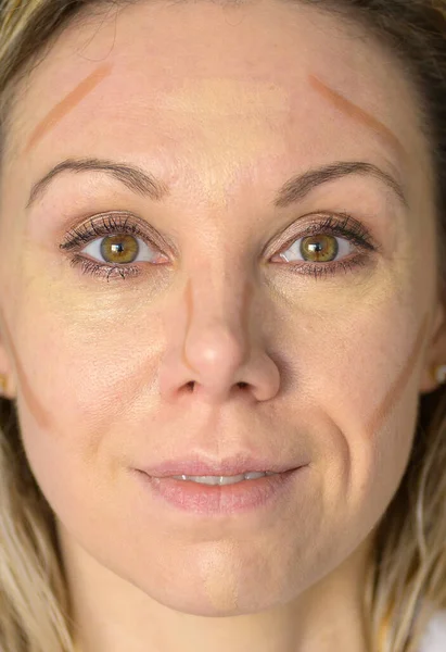 Closeup Portrait Face Adult Woman Strokes Foundation — Stock Photo, Image