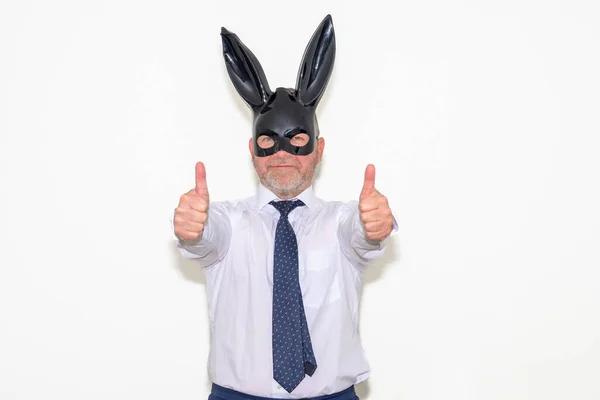 Businessman Wearing Bunny Mask Giving Thumbs Both Hands Stands Smiling — стоковое фото