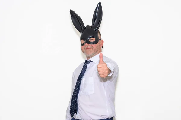 Businessman Rabbit Bunny Mask Giving Thumbs Gesture Smile Satisfaction Conceptual — стоковое фото