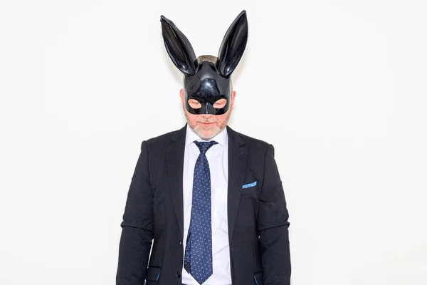 Easter Fetish Concept Businessman Bunny Mask Standing Looking Upper Body — стоковое фото
