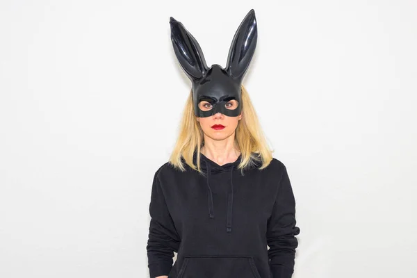 Sexy Blond Woman Black Bunny Mask Celebrating Easter Participating Sex — ストック写真
