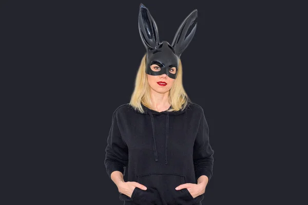 Sexy Blond Woman Easter Bunny Costume Wearing Black Rabbit Mask — Stock Photo, Image