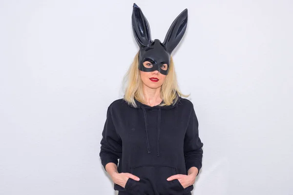 Sexy Blond Woman Easter Bunny Costume Wearing Black Rabbit Mask — Stock Photo, Image