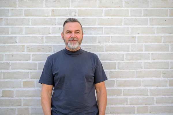 Upper Body Portrait Bearded Senior Man Blue Summer Shirt Posing — Fotografia de Stock