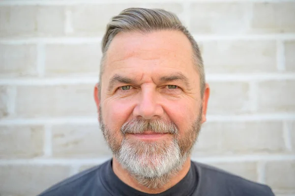 Bearded Middle Aged Man Staring Intently Camera Close Head Shot — Fotografia de Stock