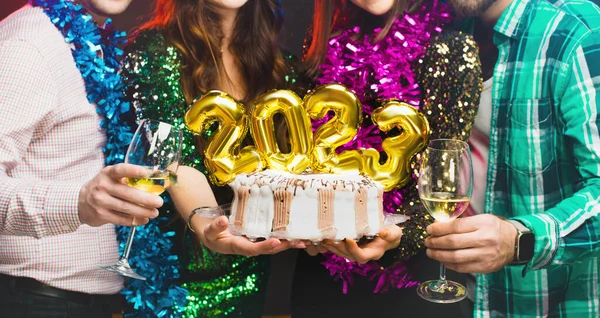 A close-up of a 2023 number cake being held by a group of friends at a New Year's Eve party.