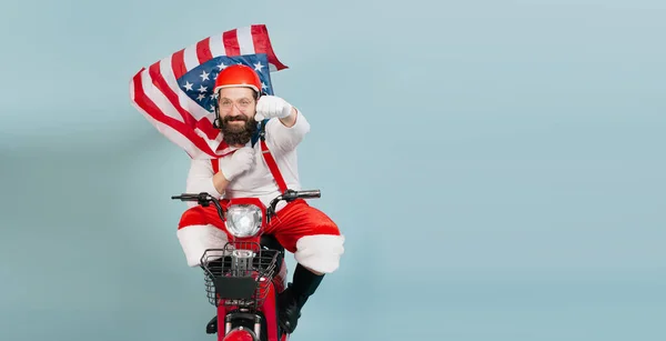 Young Adult Man Santa Costume Superman Pose Fluttering Usa Flag Fotos De Bancos De Imagens