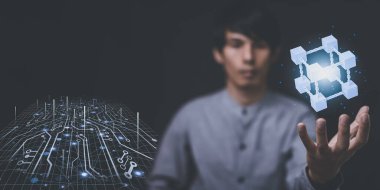 Businessman explore metaverse technology with blockchain network connecting