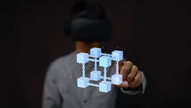 Businessman explore metaverse technology with blockchain network connecting