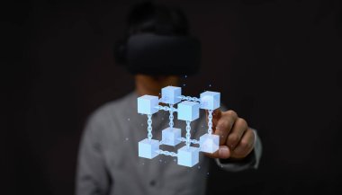 Businessman explore metaverse technology with blockchain network connecting
