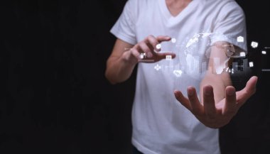 Modern 3d illüstrasyon metaverse Sanal Dünya 'da simge işi ve ağ bağlantısına sahip başlangıç kavramı