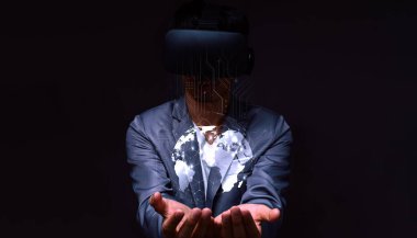 Modern 3d illüstrasyon metaverse Sanal Dünya 'da simge işi ve ağ bağlantısına sahip başlangıç kavramı