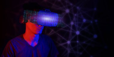 Sanal gerçekliğin bardakları. Geliştirilmiş gerçeklik, oyun, gelecek teknoloji konsepti. Metastaz vücut duruşunun simüle edilmiş VR dünyası fütüristik elbise