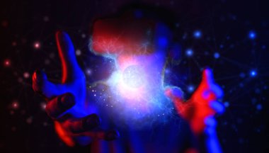 Sanal gerçekliğin bardakları. Geliştirilmiş gerçeklik, oyun, gelecek teknoloji konsepti. Metastaz vücut duruşunun simüle edilmiş VR dünyası fütüristik elbise