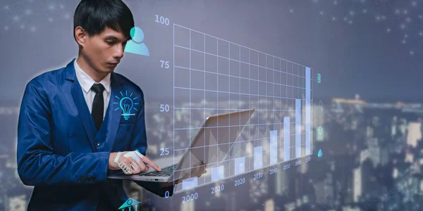 working modern computer dashboard analyzing finance sales data, planning ,strategy, Stock market, Business growth, progress, success concept. trader growing virtual hologram stock, invest in trading.