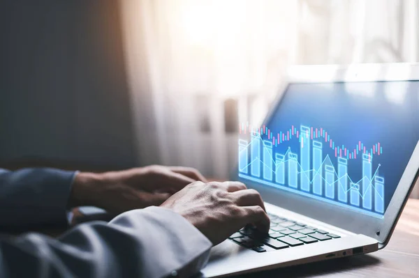 working modern computer dashboard analyzing finance sales data, planning ,strategy, Stock market, Business growth, progress, success concept. trader growing virtual hologram stock, invest in trading.