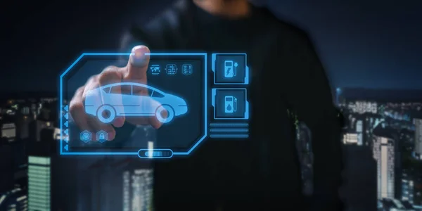 Choosing an electric vehicle. electric vs gasoline car choice. pointing at symbol on charging machine.