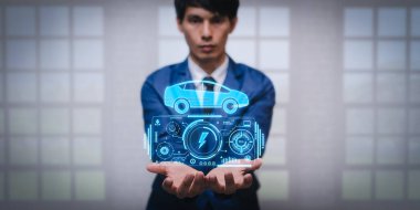 Choosing an electric vehicle. electric car choice. pointing at symbol on charging machine. electric car production