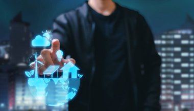 Use electricity from solar energy by Solar panel or wind turbine, concept of sustainable resources, clean energy, ecology and environmental, Ecological energy renewable, green energy