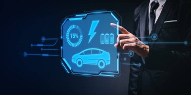 Choosing an electric vehicle. electric car choice. pointing at symbol on charging machine. electric car production Virtual Technology AR Augmented Reality or VR Virtual Reality metaverse